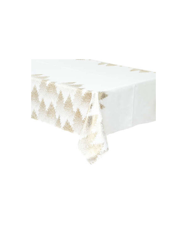 Nappe de Noël Blanche avec Sapins Dorés - 140 x 360 cm 🎄✨ Nappe de Noël Blanche avec Sapins Dorés - 140 x 360 cm 🎄✨