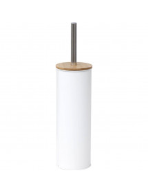 Brosse WC en métal blanc avec couvercle en bambou