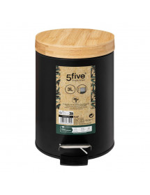 Poubelle métal Noir et bambou