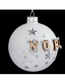 Boule de Noël en verre blanc et bois