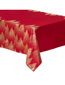 Nappe imprimée sapin 140 x 360 cm rouge et or
