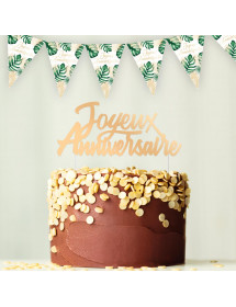 Décoration de gâteau Joyeux Anniversaire doré tropical party