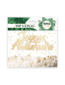 Décoration de gâteau Joyeux Anniversaire doré tropical party