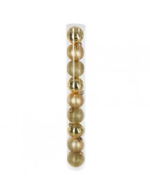 Lot de 9 boules de Noël dorées 6 cm satinée, brillante et pailletée
