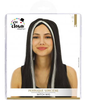 Perruque sorcière noire mèches blanches