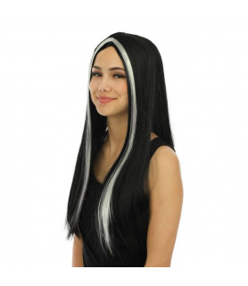 Perruque sorcière noire mèches blanches