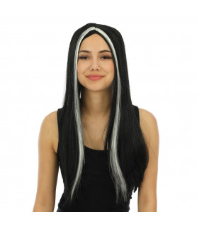 Perruque sorcière noire mèches blanches