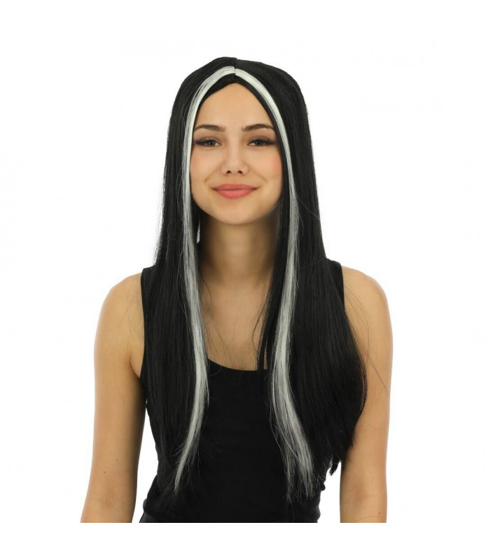 Perruque sorcière noire mèches blanches