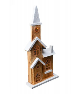 Église de Noël lumineuse en bois avec toit blanc