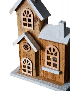 Église de Noël lumineuse en bois avec toit blanc