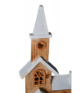 Église de Noël lumineuse en bois avec toit blanc