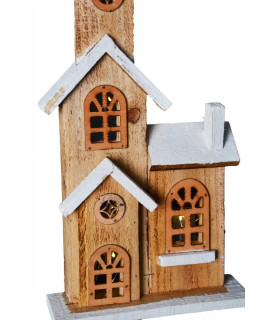 Église de Noël lumineuse en bois avec toit blanc