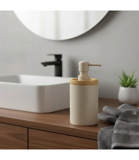 Distributeur de savon beige et bambou
