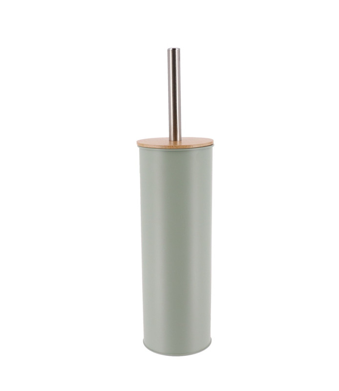Brosse WC métal vert eucalyptus avec couvercle en bambou Tendance