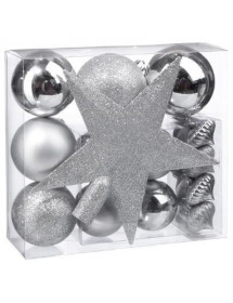 Décoration de sapin boules + cimier argent