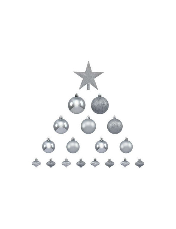 Décoration de sapin boules + cimier argent