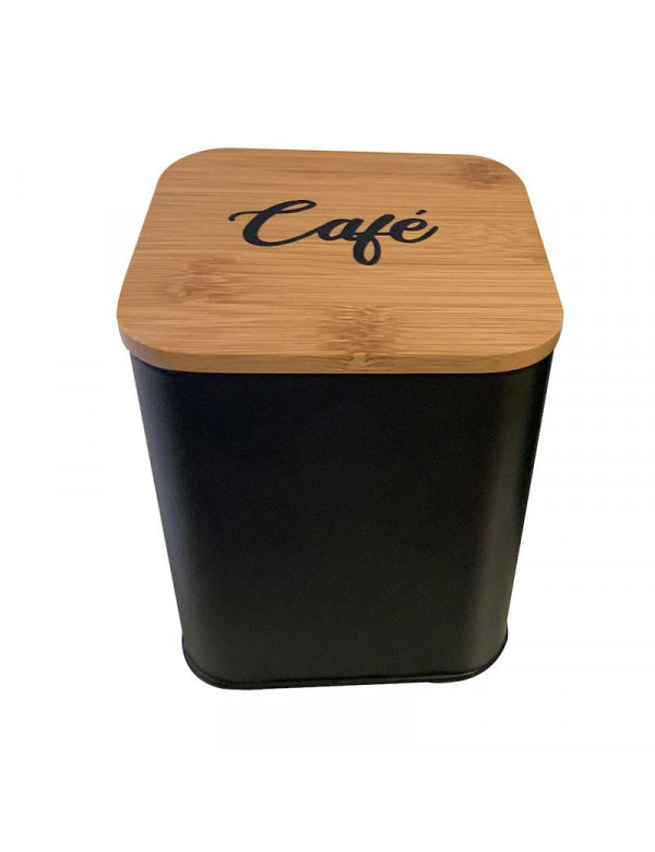 Boîte à café en métal noir vintage avec couvercle en bois