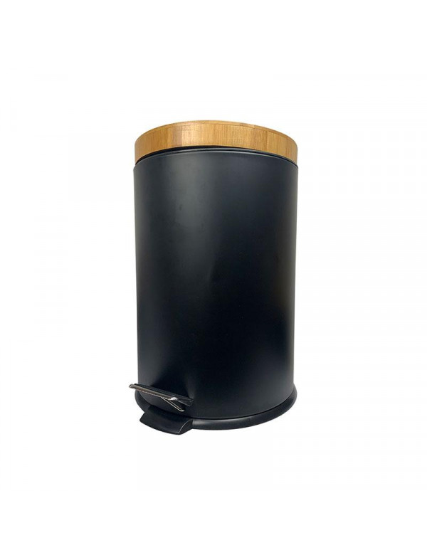 Poubelle ronde en métal noir avec couvercles en bambou.